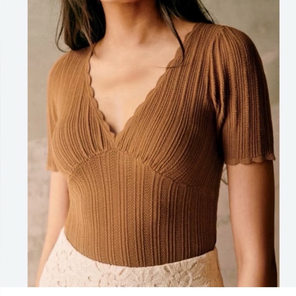 Sezane - Cloe - medium - Brown Scallop V-Neck Rib Knit Top